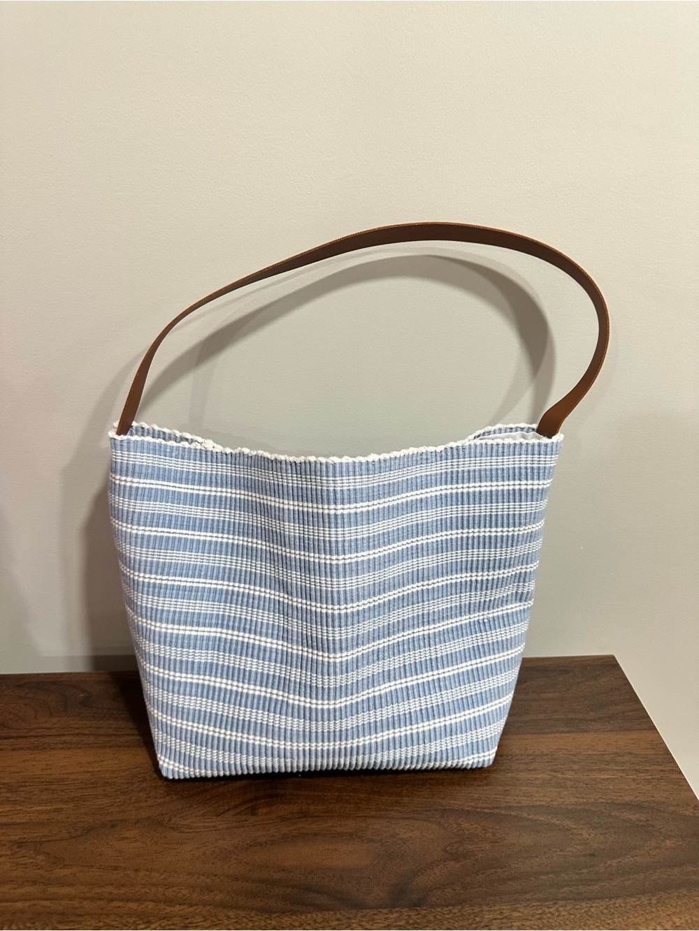 Handmade Upcycled Light Blue Striped Shoulder Bag with Brown Strap